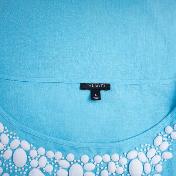 Talbots Linen Boho Tunic Top Popover L Turquoise Beaded Casual Coastal Kaftan - Picture 6 of 8